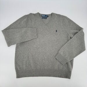 Polo Ralph Lauren Mens XL Gray V-Neck Sweater 100% Lambswool Knit‎ Pullover Pony
